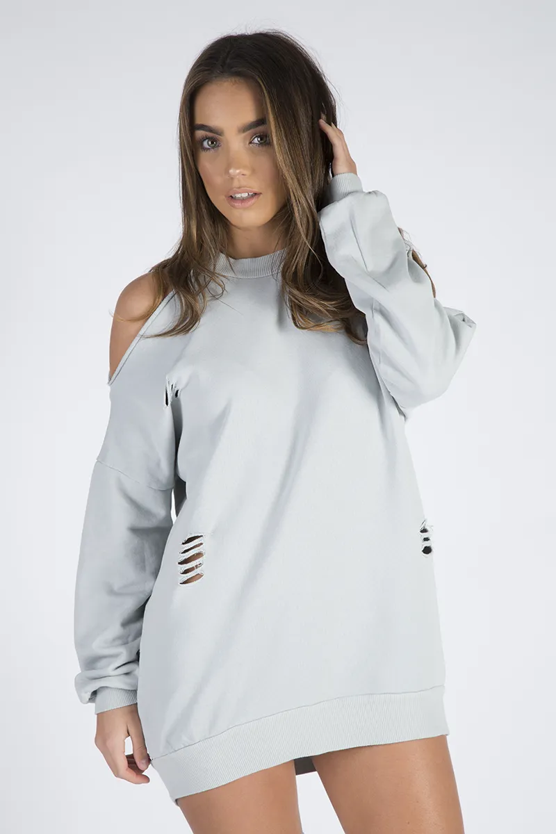 Grey Cold Shoulder Distressed Jumper Dress - Kylie
