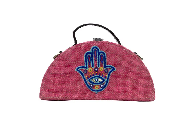 Hamsa Pink Half Round Embroidered Jute Bag