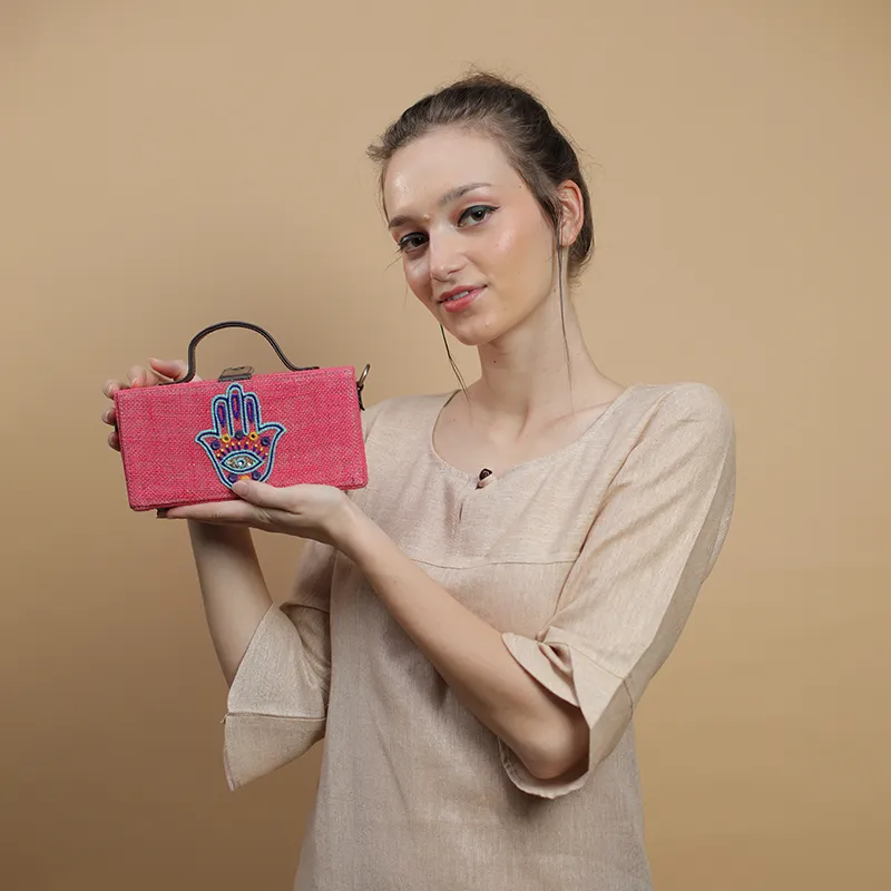 Hamsa Pink Hand embroidered clutch bag (jute bag)