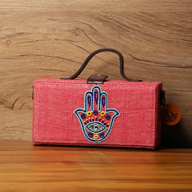 Hamsa Pink Hand embroidered clutch bag (jute bag)