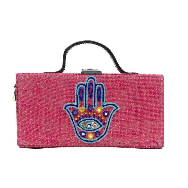 Hamsa Pink Hand embroidered clutch bag (jute bag)