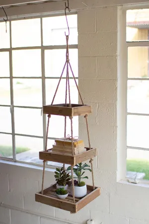 Hanging Three-Tiered Square Recycled Wood Display with Jute Rope