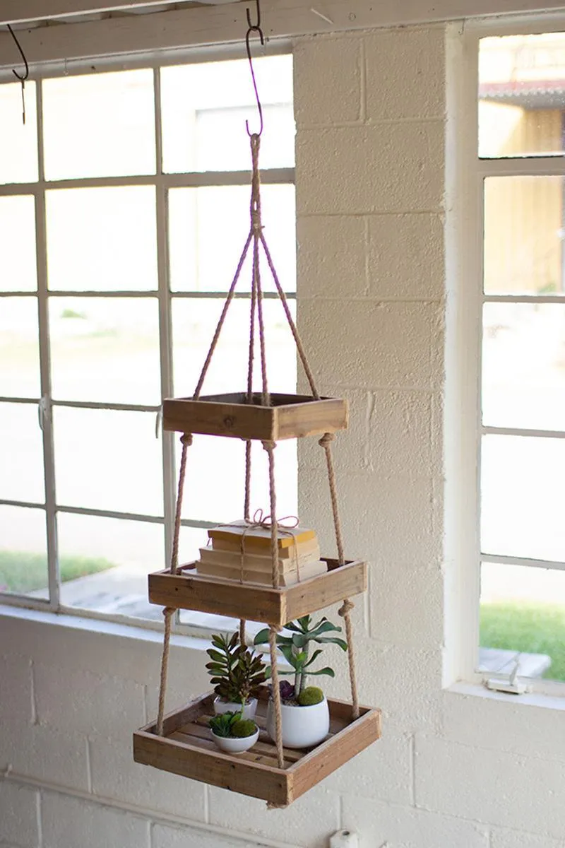 Hanging Three-Tiered Square Recycled Wood Display with Jute Rope