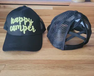 Happy Camper Color Changing Embroidered Criss Cross Ponytail Hat