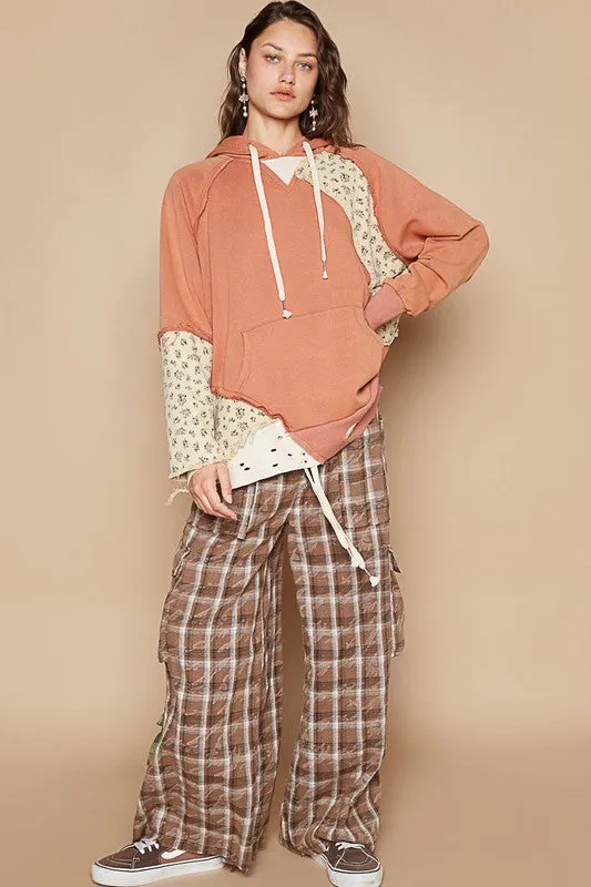 Hazel Blues® |  POL Floral Patchwork Distressed Drawstring Hoodie