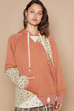 Hazel Blues® |  POL Floral Patchwork Distressed Drawstring Hoodie