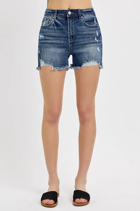 Hazel Blues® |  RISEN Distressed Raw Hem Denim Shorts