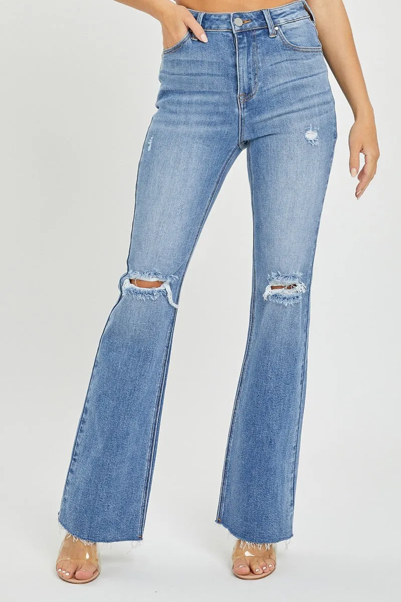 HIGH RISE DISTRESSED FLARE JEANS