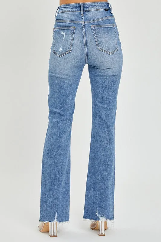 HIGH RISE DISTRESSED FLARE JEANS