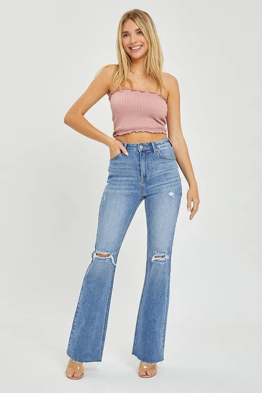 HIGH RISE DISTRESSED FLARE JEANS