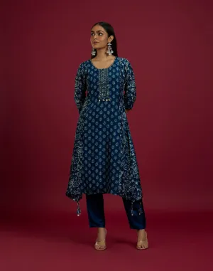 Ink Blue Ethnic Printed A-Line Kurta Set