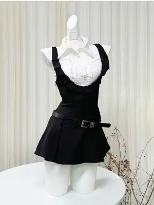 JazzHer Preppy Style Sweet Hot Girl Suits Women Sleeveless Backless Shirt Shoulder Strap A-line Dress Summer Fashion Two-piece Set New