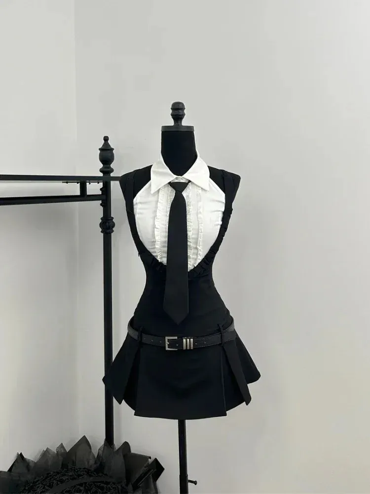 JazzHer Preppy Style Sweet Hot Girl Suits Women Sleeveless Backless Shirt Shoulder Strap A-line Dress Summer Fashion Two-piece Set New
