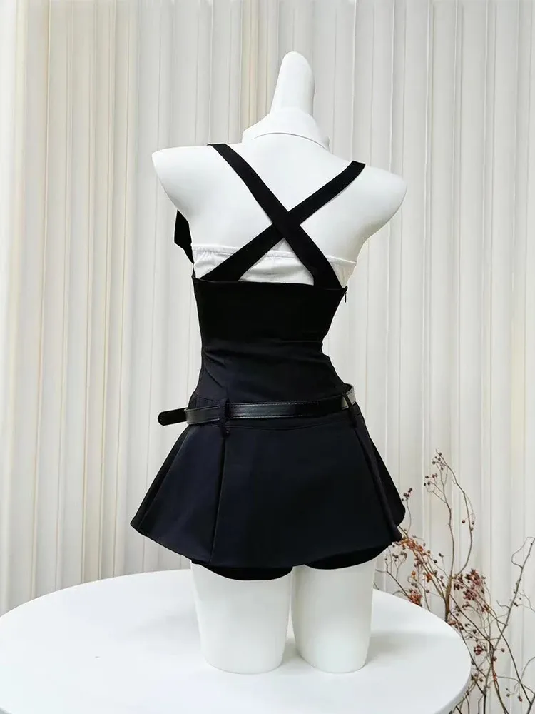 JazzHer Preppy Style Sweet Hot Girl Suits Women Sleeveless Backless Shirt Shoulder Strap A-line Dress Summer Fashion Two-piece Set New