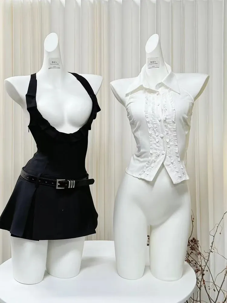 JazzHer Preppy Style Sweet Hot Girl Suits Women Sleeveless Backless Shirt Shoulder Strap A-line Dress Summer Fashion Two-piece Set New
