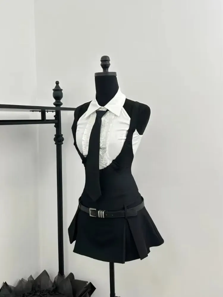 JazzHer Preppy Style Sweet Hot Girl Suits Women Sleeveless Backless Shirt Shoulder Strap A-line Dress Summer Fashion Two-piece Set New