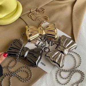Kawaii Metallic Mini Bow Crossbody Bag 🎀✨ – Cute Shoulder Clutch for Women | Stylish Lipstick & Coin Purse in Silver & Gold! 🌈💖
