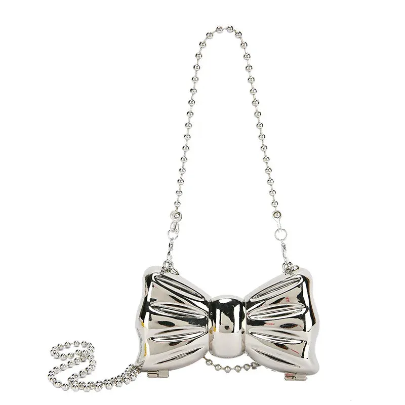Kawaii Metallic Mini Bow Crossbody Bag 🎀✨ – Cute Shoulder Clutch for Women | Stylish Lipstick & Coin Purse in Silver & Gold! 🌈💖