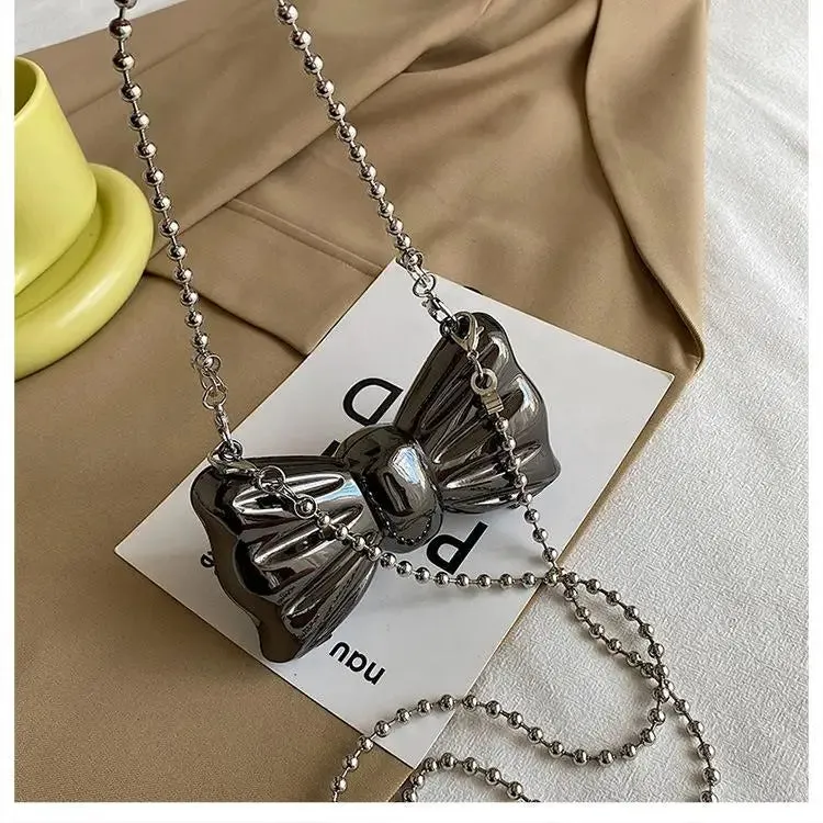 Kawaii Metallic Mini Bow Crossbody Bag 🎀✨ – Cute Shoulder Clutch for Women | Stylish Lipstick & Coin Purse in Silver & Gold! 🌈💖