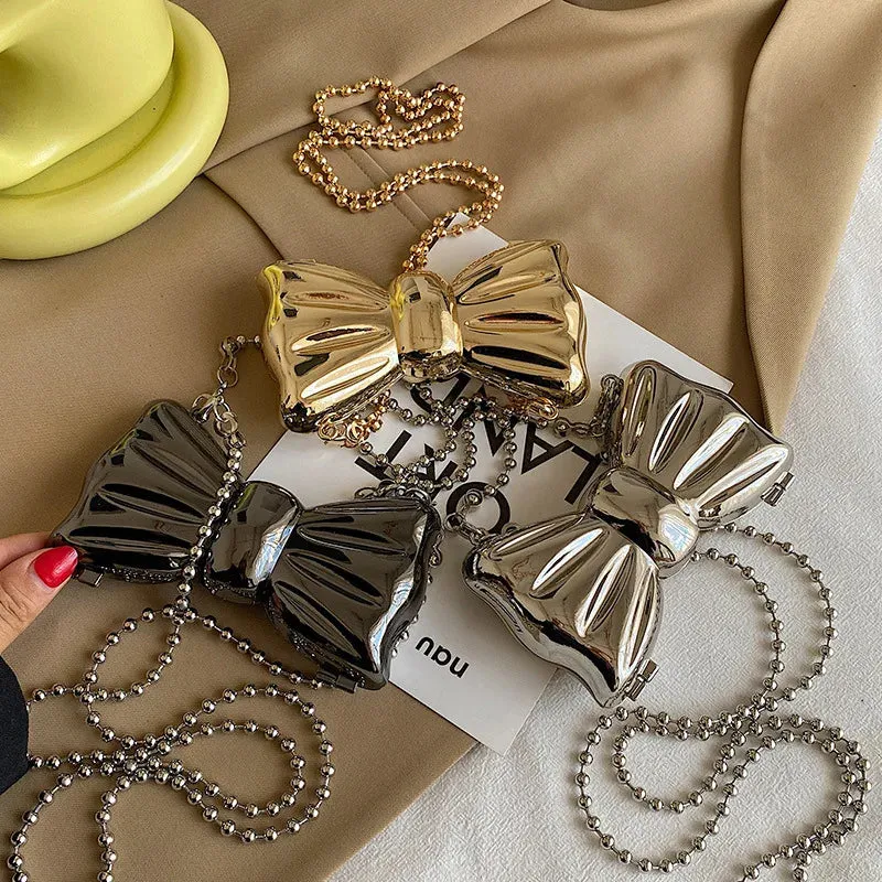 Kawaii Metallic Mini Bow Crossbody Bag 🎀✨ – Cute Shoulder Clutch for Women | Stylish Lipstick & Coin Purse in Silver & Gold! 🌈💖