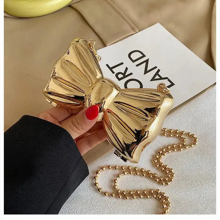 Kawaii Metallic Mini Bow Crossbody Bag 🎀✨ – Cute Shoulder Clutch for Women | Stylish Lipstick & Coin Purse in Silver & Gold! 🌈💖