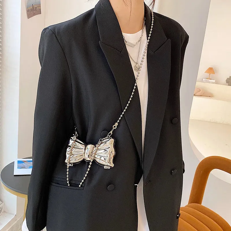 Kawaii Metallic Mini Bow Crossbody Bag 🎀✨ – Cute Shoulder Clutch for Women | Stylish Lipstick & Coin Purse in Silver & Gold! 🌈💖