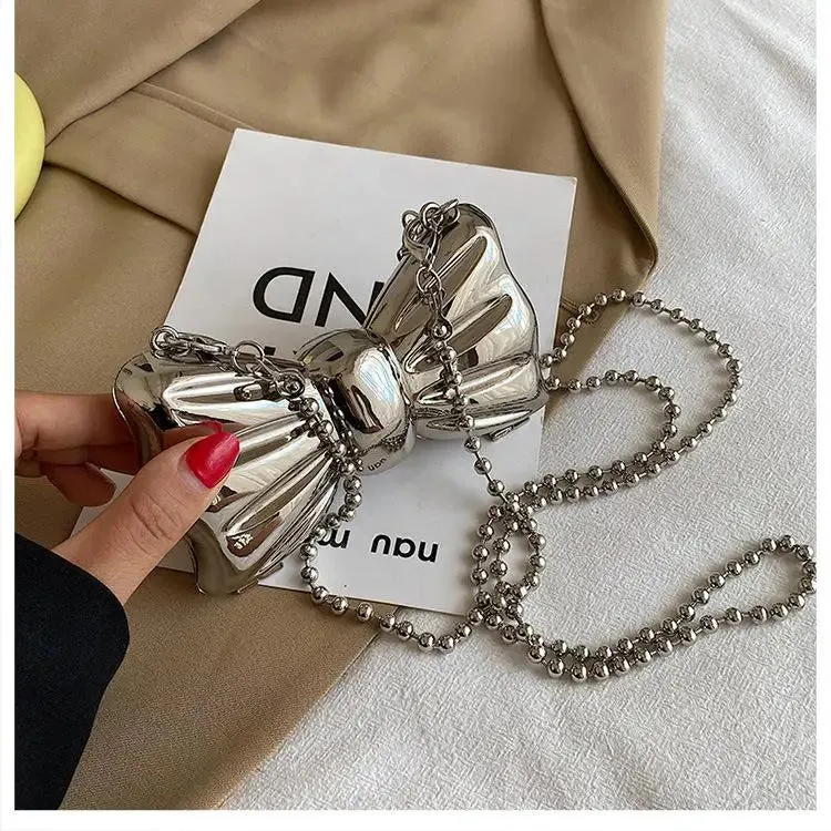 Kawaii Metallic Mini Bow Crossbody Bag 🎀✨ – Cute Shoulder Clutch for Women | Stylish Lipstick & Coin Purse in Silver & Gold! 🌈💖