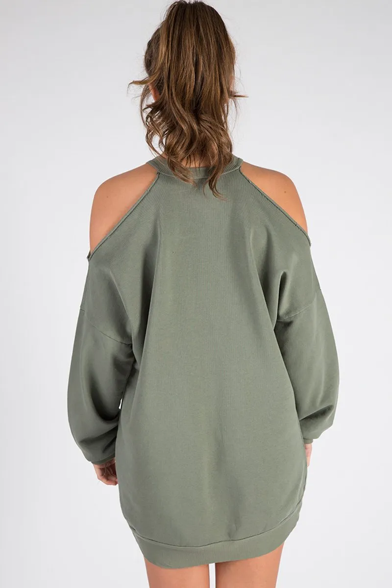 Khaki Cold Shoulder Distressed Jumper Dress - Kylie