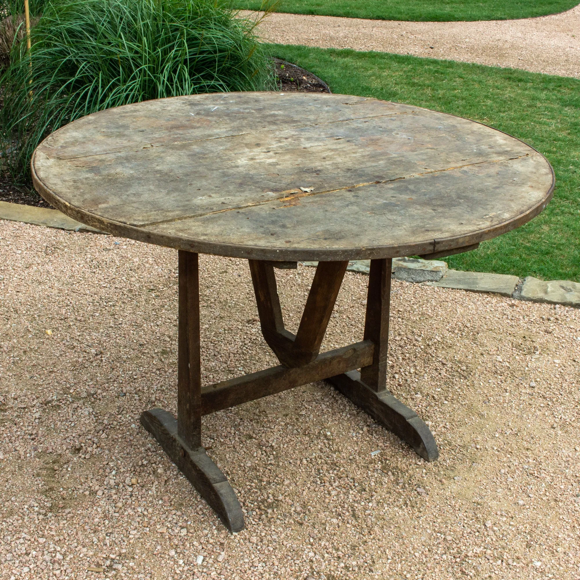 Large Antique French Distressed Oak Tilt-Top Vendage Table