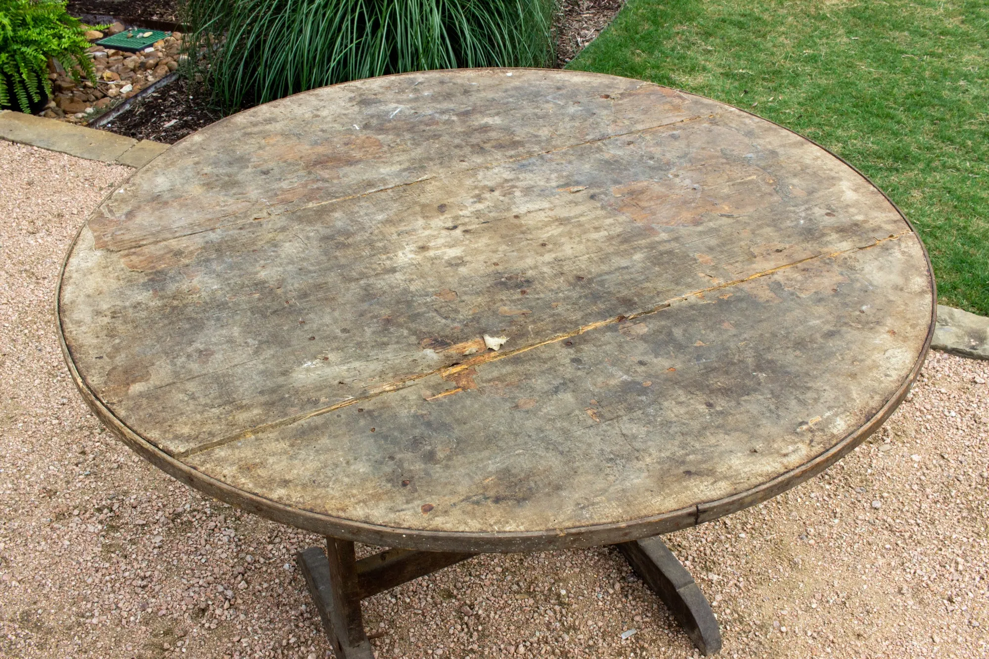Large Antique French Distressed Oak Tilt-Top Vendage Table