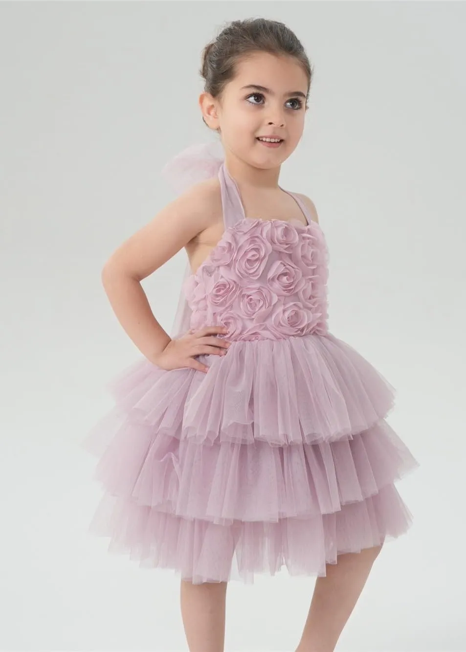Lily Adjustable Strap Girl Dress in Dusty Pink 3D Flower