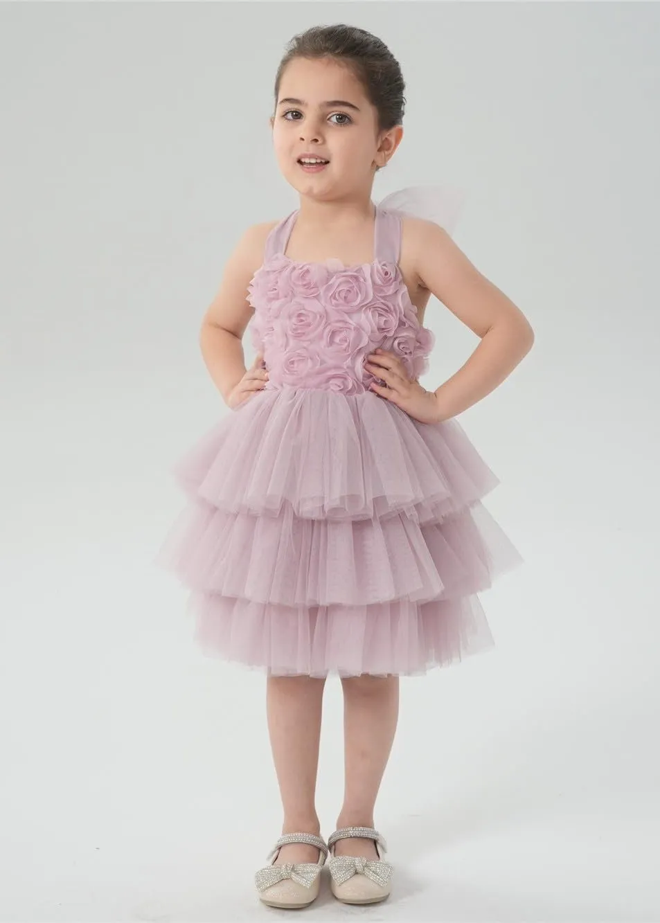 Lily Adjustable Strap Girl Dress in Dusty Pink 3D Flower