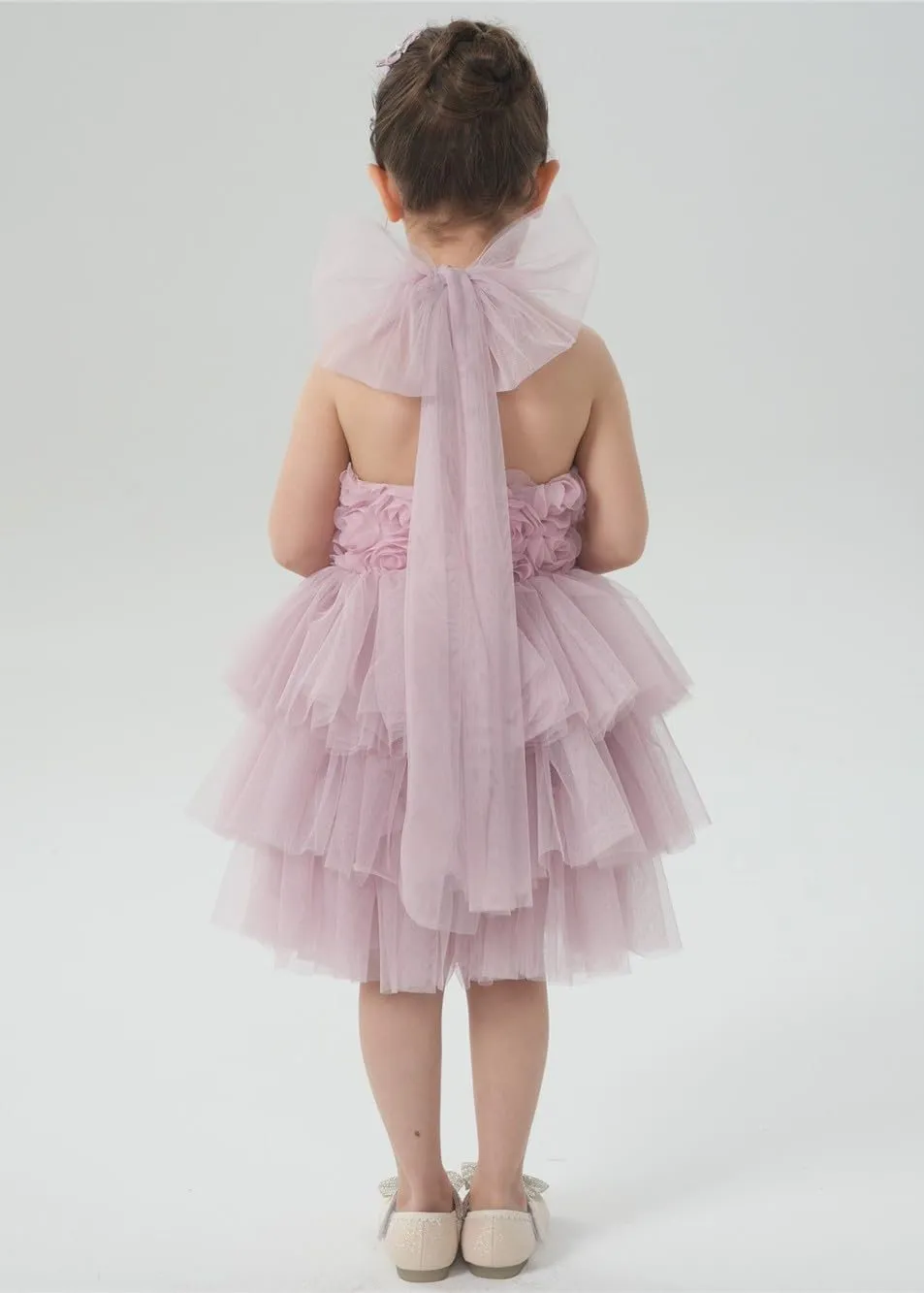 Lily Adjustable Strap Girl Dress in Dusty Pink 3D Flower