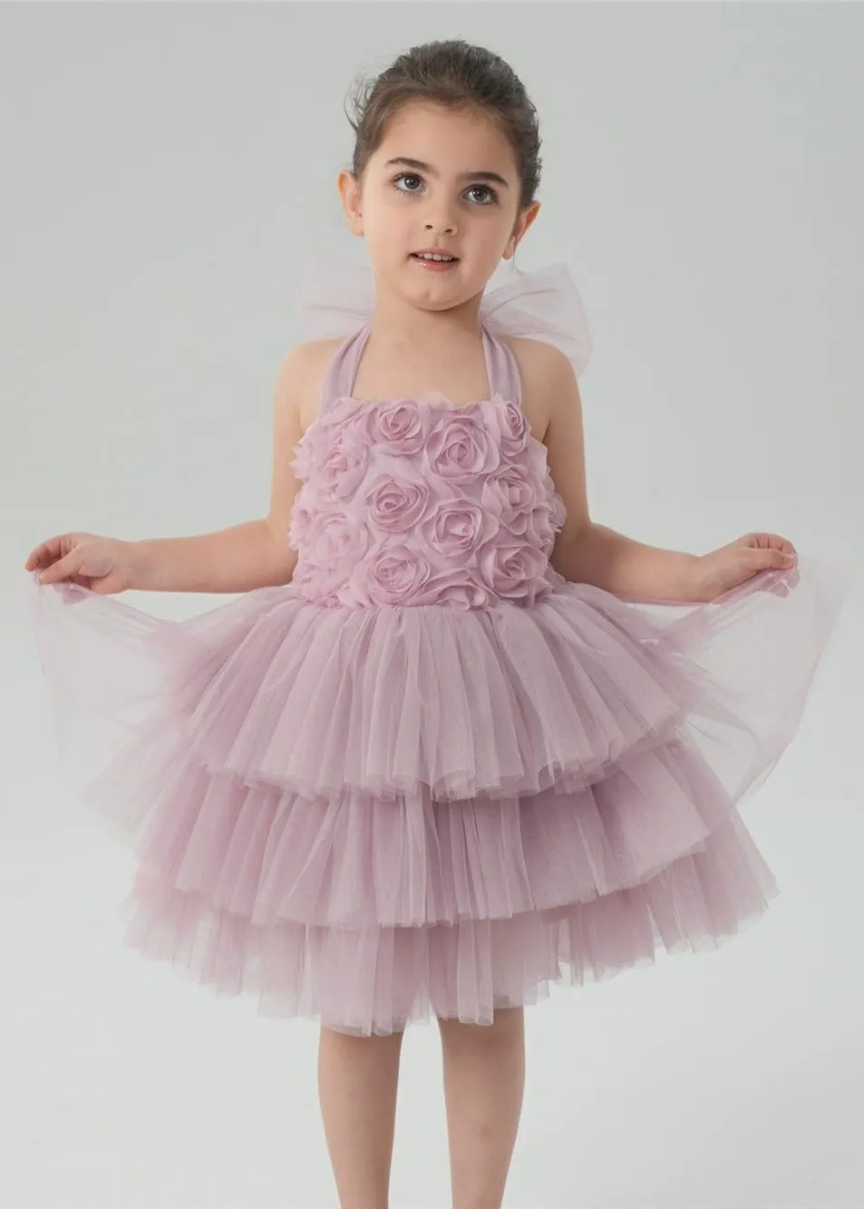 Lily Adjustable Strap Girl Dress in Dusty Pink 3D Flower