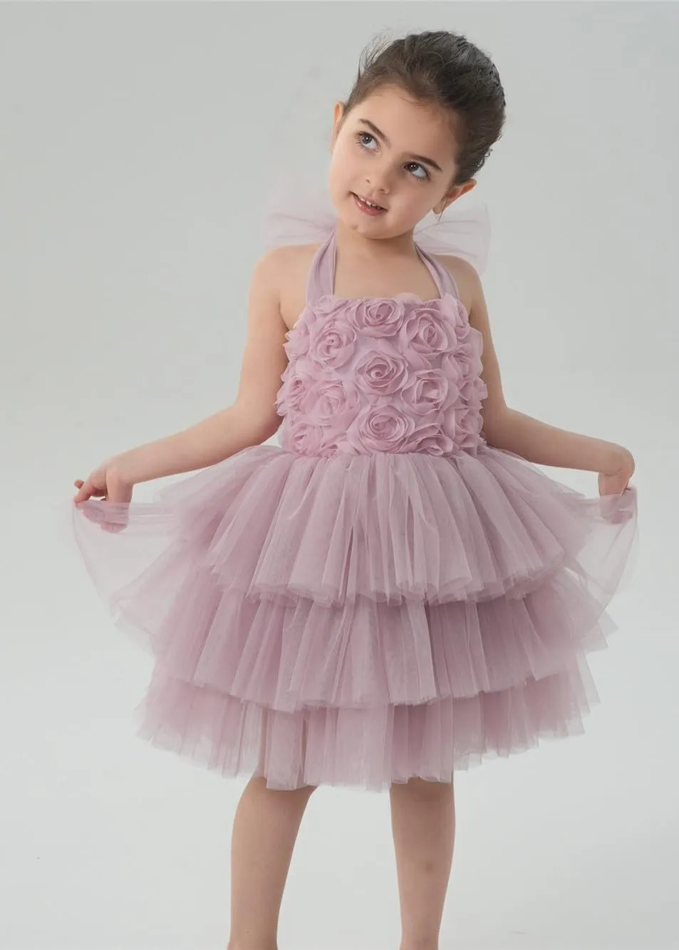 Lily Adjustable Strap Girl Dress in Dusty Pink 3D Flower
