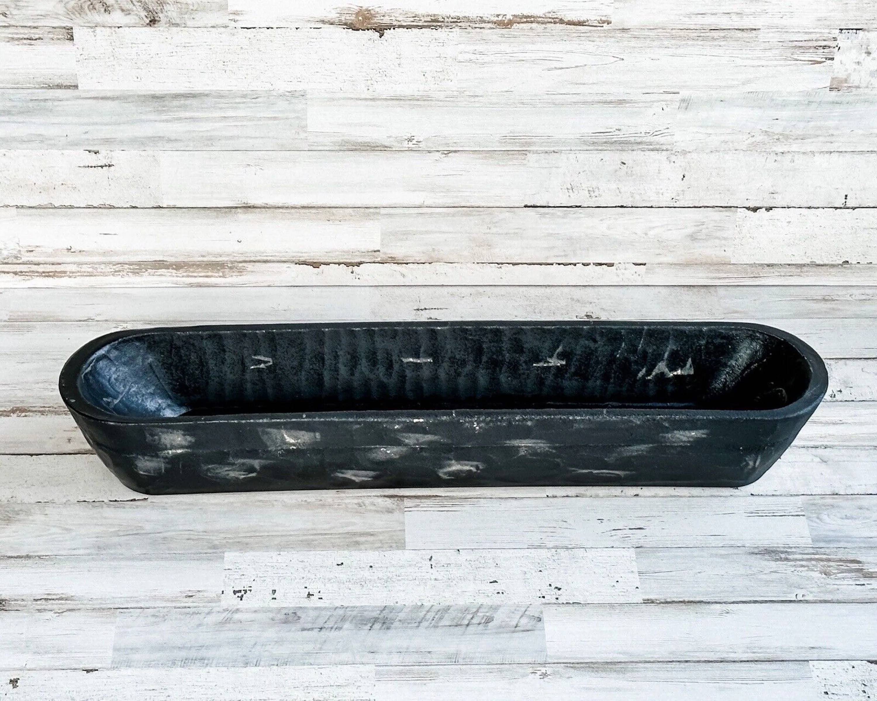 Long black rustic distressed bowl centerpiece