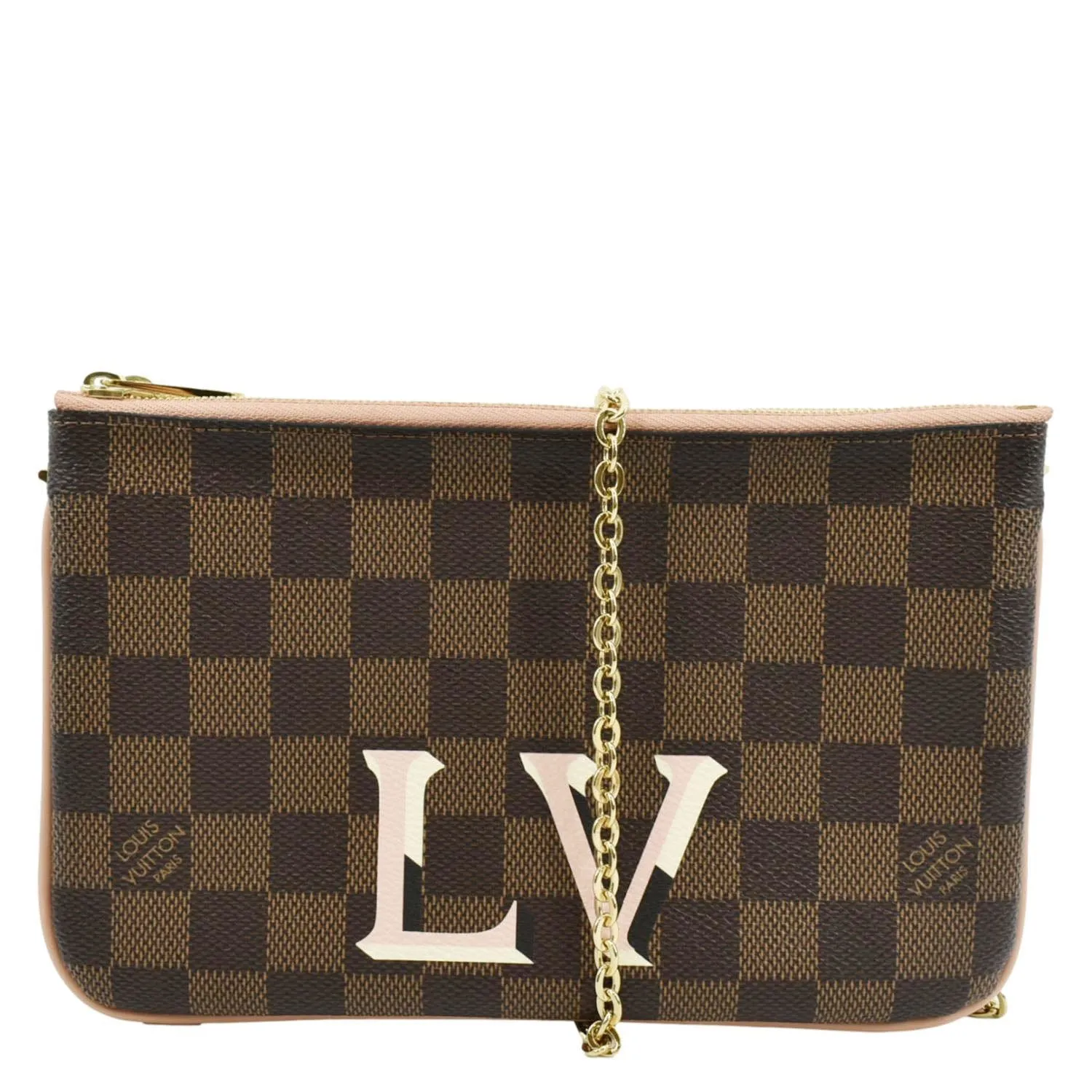 LOUIS VUITTON Double Zip Pochette Damier Ebene Crossbody Bag Rose Ballerine