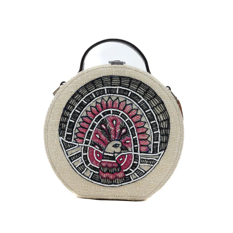 Madhubani Beads Embroidered Sling Round Jute Bag