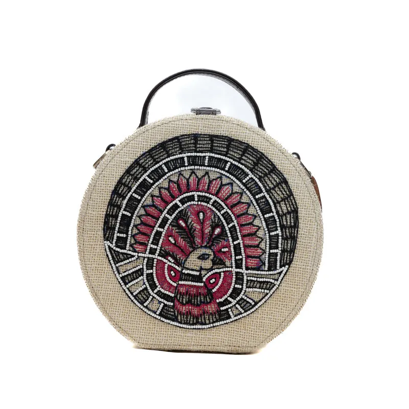 Madhubani Beads Embroidered Sling Round Jute Bag