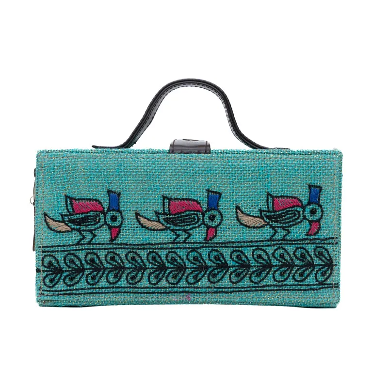 Madhubani Bird Hand Embroidered clutch bag (jute bag)