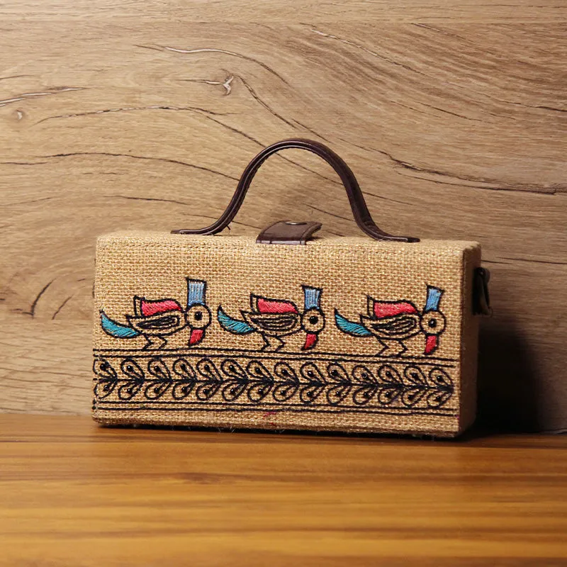 Madhubani Bird Hand Embroidered clutch bag (jute bag)