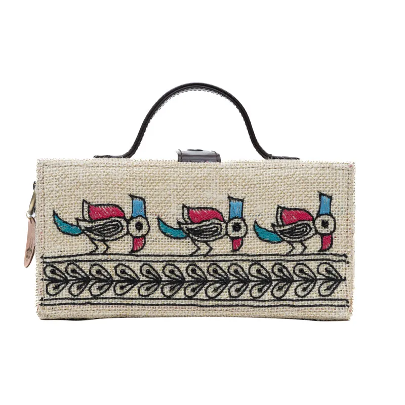 Madhubani Bird Hand Embroidered clutch bag (jute bag)