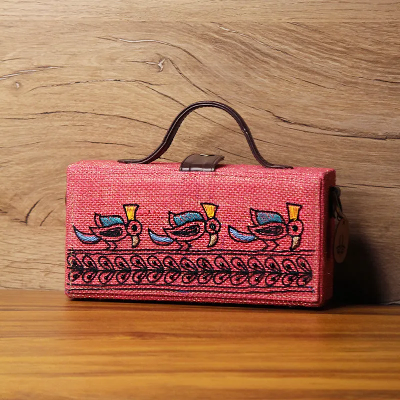 Madhubani Bird Hand Embroidered clutch bag (jute bag)