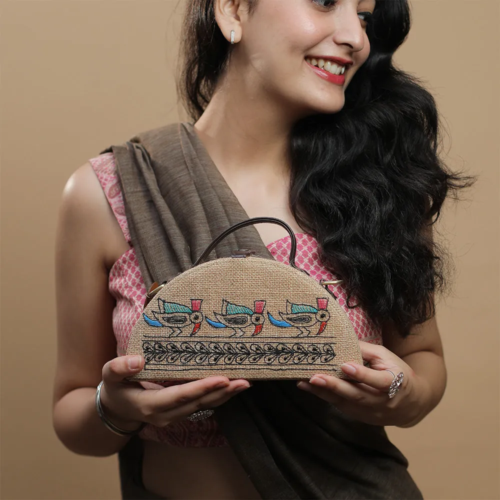 Madhubani Birds Half Round Embroidered Jute Bag