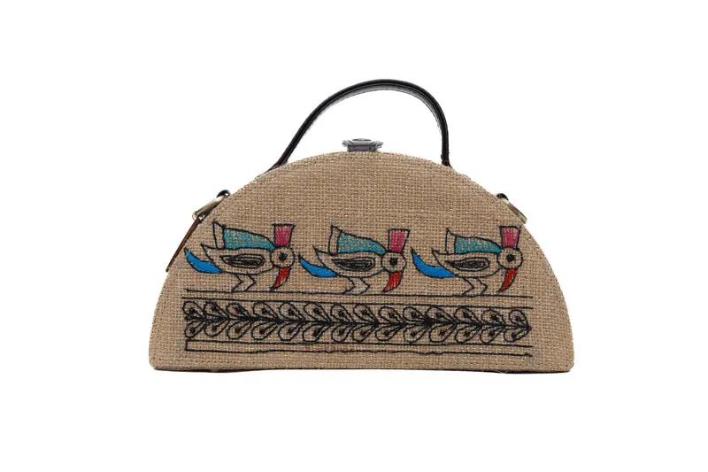Madhubani Birds Half Round Embroidered Jute Bag