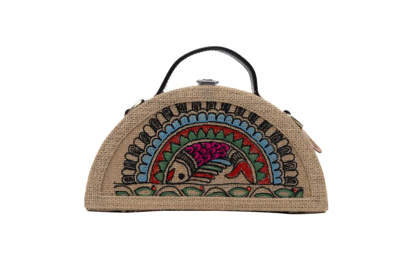 Madhubani Fish Half Round Embroidered Jute Bag