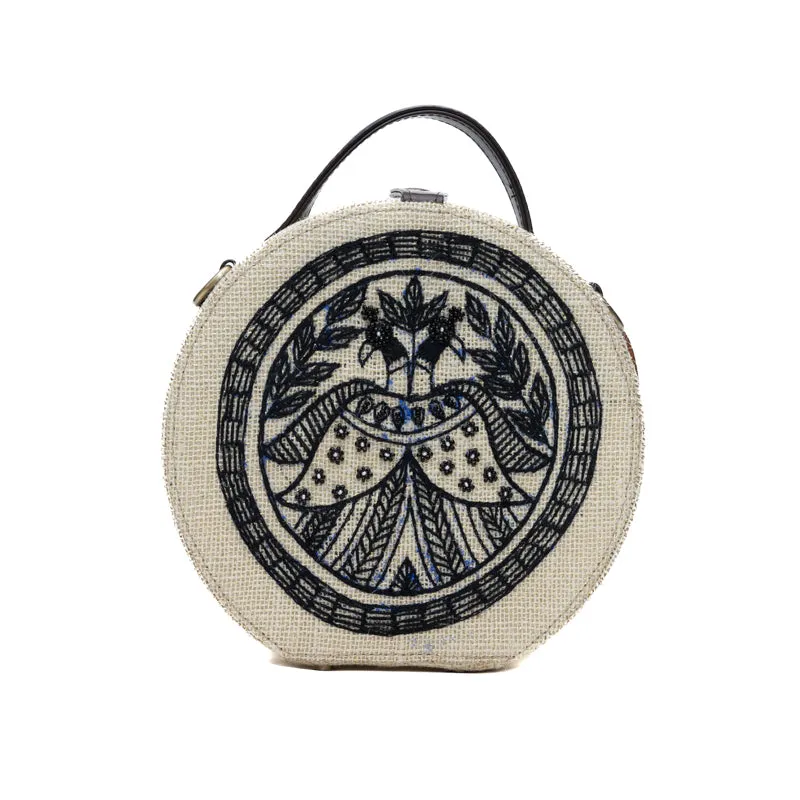 Madhubani Peacock Embroidered Round bag