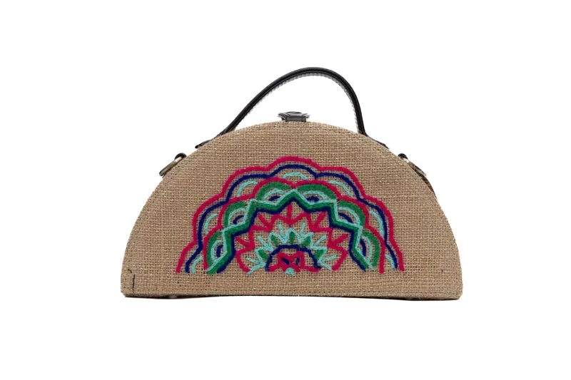 Mandala Half Round Embroidered Jute Bag