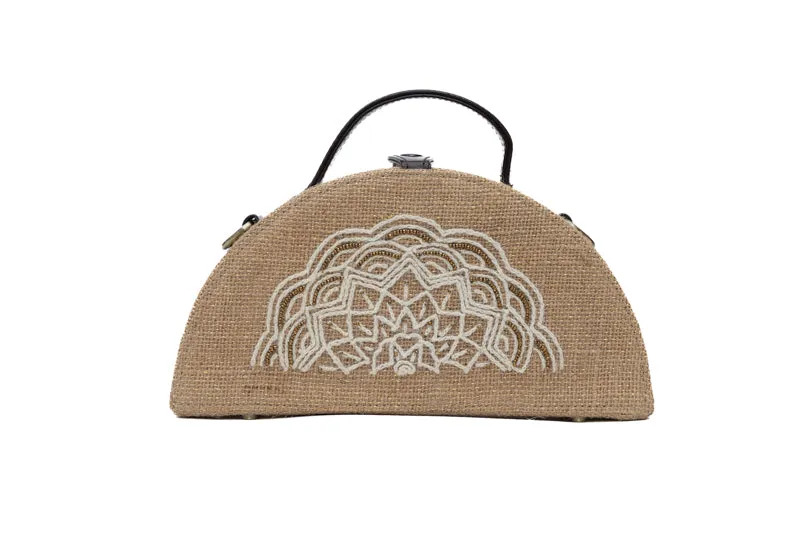 Mandala Half Round Embroidered Jute Bag