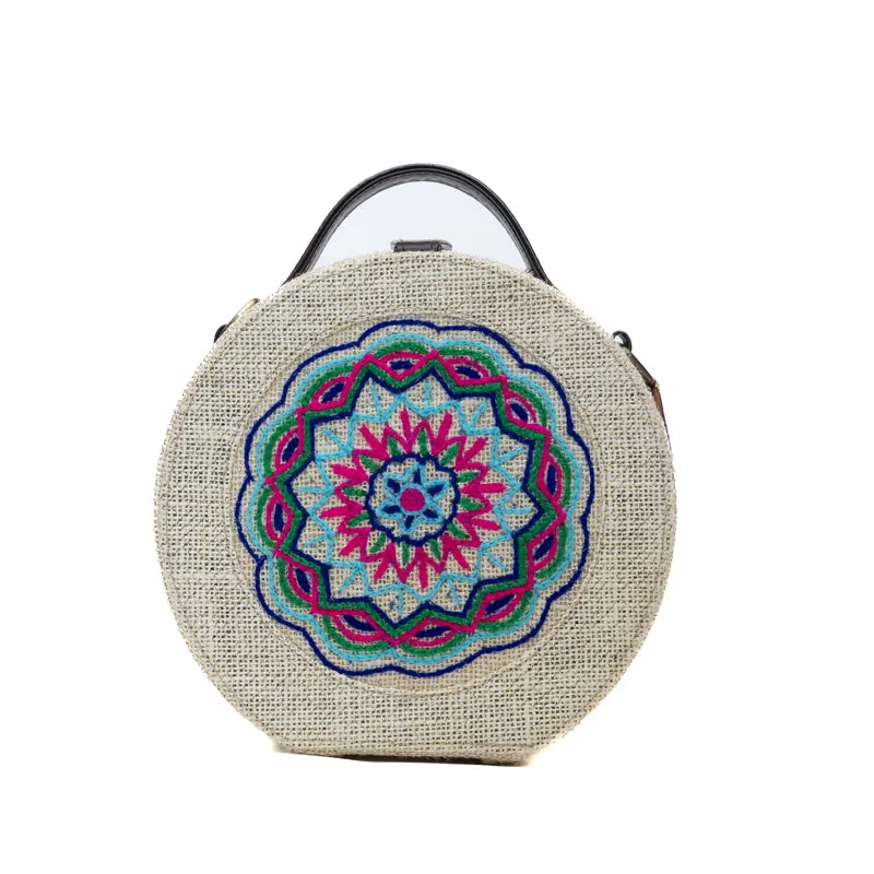 Mandala hand embroidered round jute bag